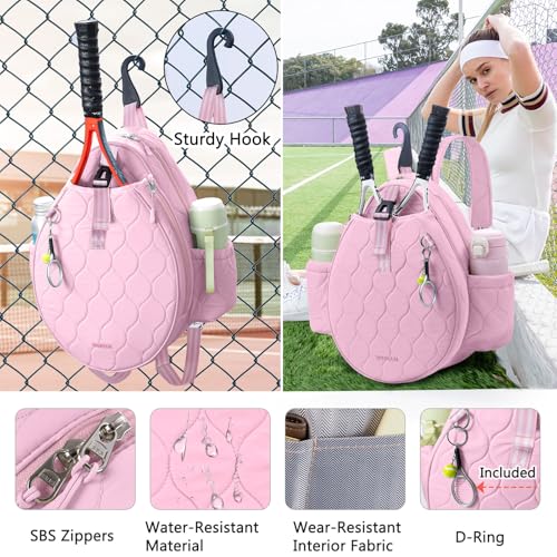 Quilted Tennis Bag for Women – Tennis Backpack & Crossbody Sling | Holds 2 Rackets or 3 Pickleball Paddles | Lightweight Badminton Racket Bag, Tennis Tote & Sports Backpack - color: Pink