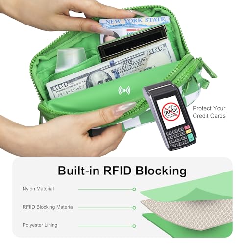 FODOKO Wristlet wallets for women Nylon Quilted Wallet with 4 Zippers,Travel Credit Card,Holder Cell Phone Organizer - color: Greener