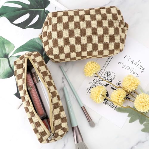 3 Pcs Makeup Bag Cosmetic Bag Set for Girls Women Checkered Travel Organizer Bathroom Toiletry Pouch Large Capacity Storage Bag (Brown) - color: Brown