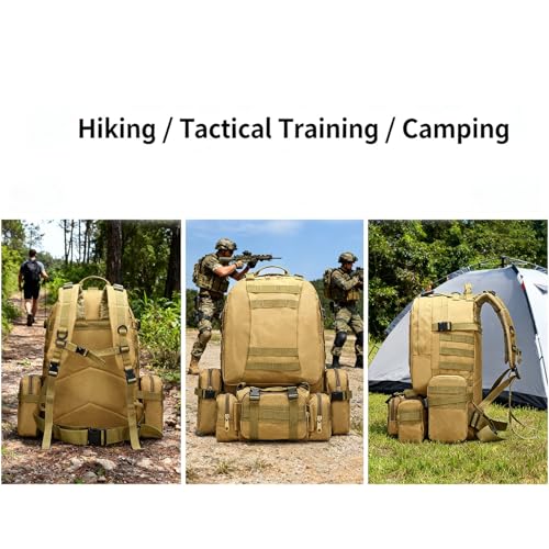 60L Tactical Backpack Military 3-Day Assault Pack, Waterproof Molle System Rucksack with Detachable Bag, Survival Bug Out Backpack for Men & Women(Brown) - color: Brown