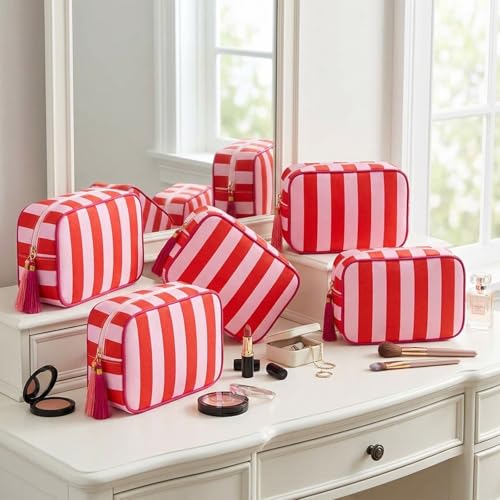 Kacctyen 6 Pack Tomato Red and Light Pink Striped Makeup Bag bulk with Tassel Travel Cosmetic Pouch Organizer Large Zipper Toiletry Case for Women Aesthetic Storage Pouch Mahjong Tile Bag - color: Tomato Red and Light Pink