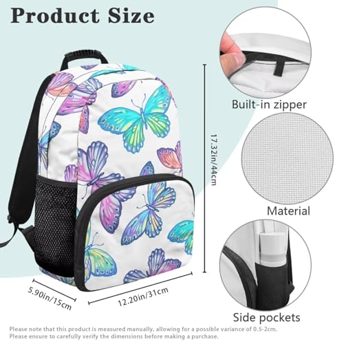 Butterfly Animal Color Print Durable 17 Inch Laptop Backpack for High School & College Students - Lightweight Water Resistant Bookbag with Adjustable Shoulder Strap & Side Bottle Pocket - color: Butterfly Animal Color Print
