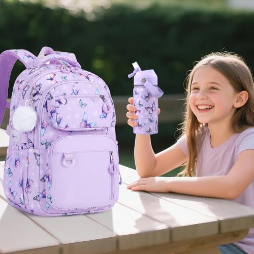 Bevalsa Backpack for Girls, School Bookbag Teen Girls Backpack Set with 14oz Insulated Water Bottle Stainless Steel, Lunch Bag & Pencial Case for Kids Elementary Middle Student (Purple Butterfly) - color: Purple Butterfly