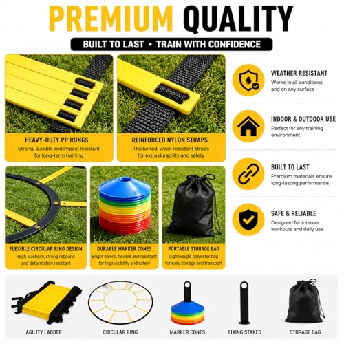 2-in-1 Agility Ladder Training Set, 20FT Speed Ladder with Circular Agility Ring, 10 Soccer Cones, Carry Bag, Footwork Speed Training Equipment for Soccer, Football, Basketball & Fitness | Circular Agility Ring