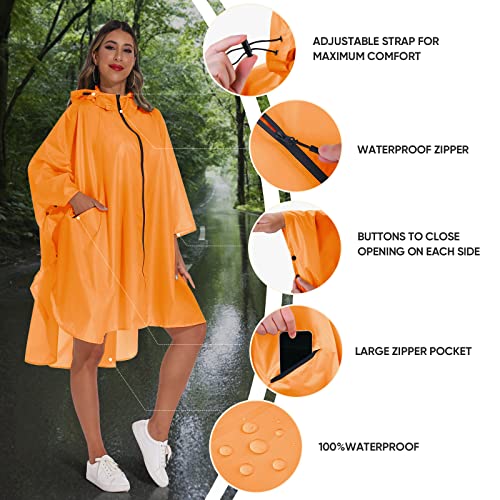 PTEROMY Hooded Rain Poncho for Adult with Pocket and Zipper, Waterproof Lightweight Raincoat for Men and Women - color: Orange