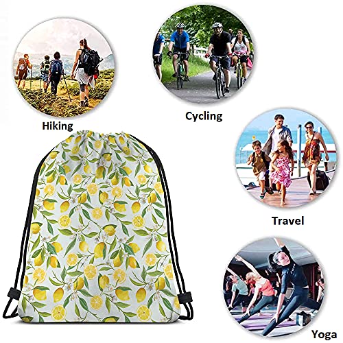 Lemon Drawstring Bags Summer Lemon Fruits Tree Branches Leaves White Little Flower Yellow Green Sport Gym Sack Drawstring Backpack for Men Women - color: Multi-a77