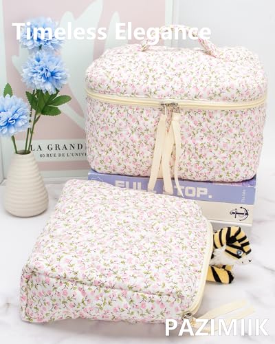 Quilted Makeup Bag for Women, Travel Cosmetic&Toiletry Bag,Floral Pink - color: Floral Pink