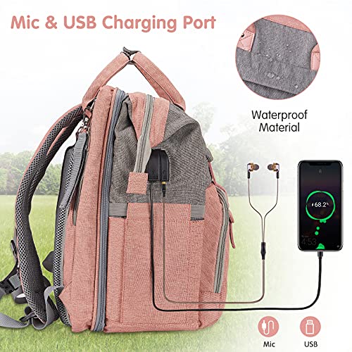 DERJUNSTAR Baby Diaper Bag Backpack with ChangingStation-Large Capacity Baby Bag for Boys & Girls, USBCharging Port, Pacifier Case, sunshade & Toy Bar,Waterproof, Baby Pink - color: Baby Pink