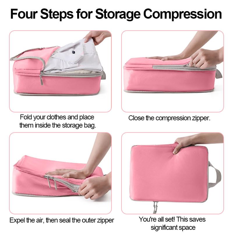 4 Pcs Compression Packing Cubes, Expandable Storage Travel Luggage Bags Organizers for Luggage & Closet Organization, Business Travel & Home Storage, Pink