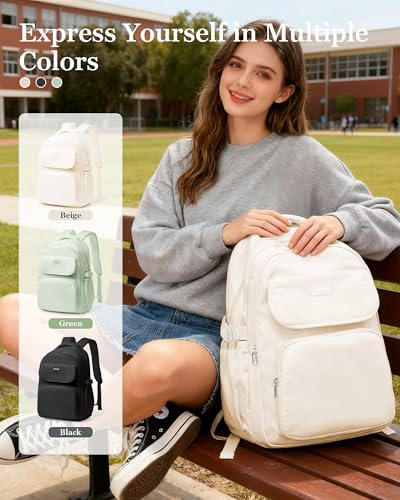 Cute Middle School Backpack For Teen Girls,Waterproof Casual Bookbags,Lightweight Travel Daypack,Basic Laptop College Backpack For Women(White) - color: A2-beige