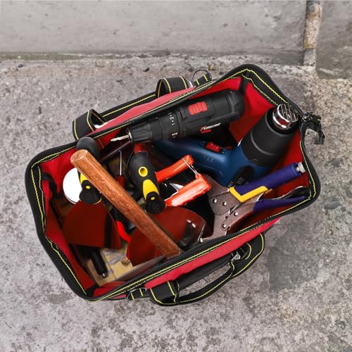 Hiceeden 16 Inch Wide Mouth Tool Bag, Collapsible Tool Tote with Waterproof Coating and Adjustable Strap, Portable Electrician Tool Organizer Handbag with 5 Outside Pockets, Red (Pack of 3) - size: 16.1 x 8.2 x 8.6 inches (Pack of 3)