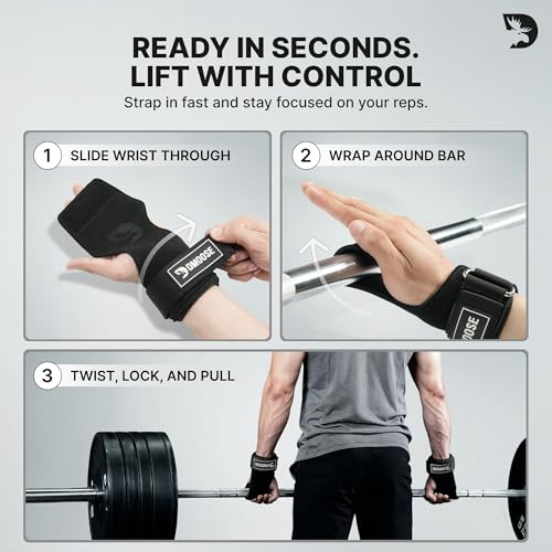 DMoose Fitness Weight Lifting Hooks (Pair) for Deadlifts, Pull Ups, Rows & Shrugs - Anti-Rip Nylon Strap Hand Grips with Thick Wrist Padding - Heavy Duty Wrist Straps for Weightlifting & Gym Workouts - color: Black Lifting Grip