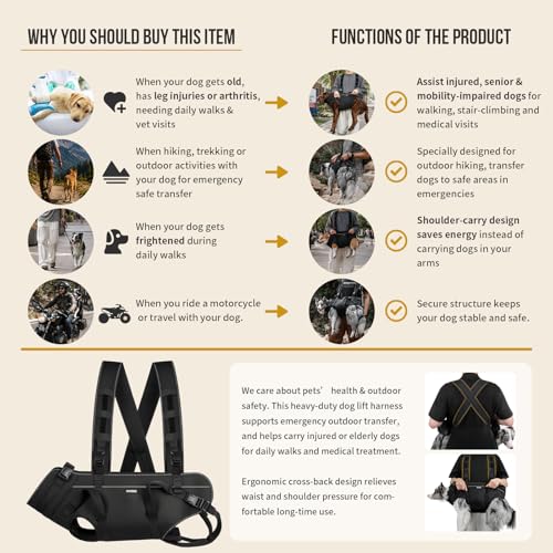 OneTigris Dog Backpack Carrie, Lift Harness with Handle for Large Dogs, Reinforced Padded Dog Sling for Joint Injuries, Arthritis, Ideal for Stairs, Elderly Dogs Fits 30-60 lbs - size: M: Chest 24-32", Back 9.5", Fits 30-60 lbs