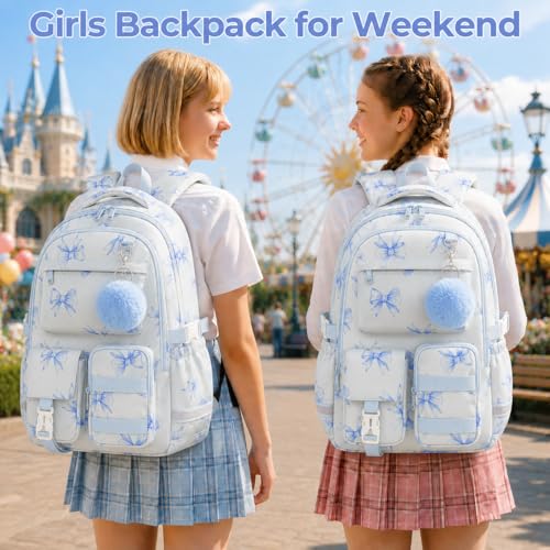 WOBAGMEN Cute Bow Backpack for Teen Girls, Large Capacity Multi-Pocket School Bag Fits 15.6" Laptop, Lightweight Durable Daypack for School and Travel (Blue Bow, M) - color: Blue Bow