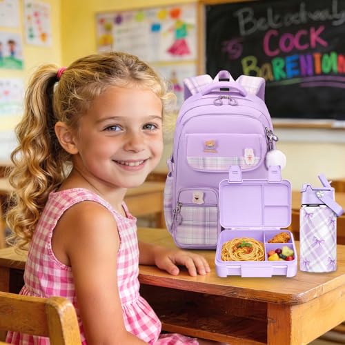 ACESAK 5PCS Backpack for Girls with Bento Box & 14oz Insulated Water Bottle - Cute School Girls Backpacks for Elementary Preschool Middle with Lunch Bag & Pencial Case, Back To School Gift (Purple) - color: Purple