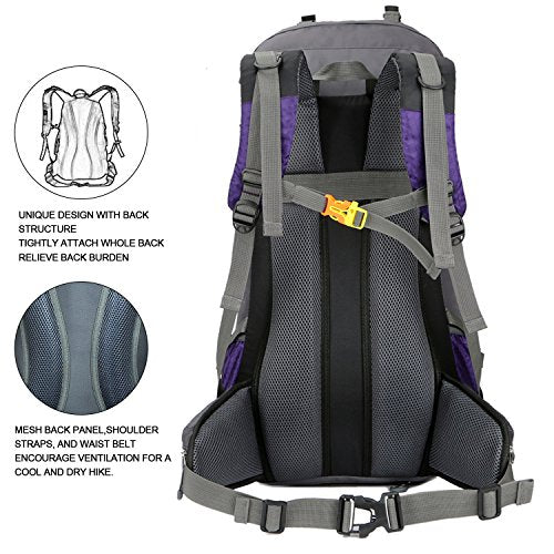 Bseash 60L Waterproof Hiking Camping Backpack with Rain Cover, Large Outdoor Sport Travel Daypack Rucksack for Climbing - color: Purple