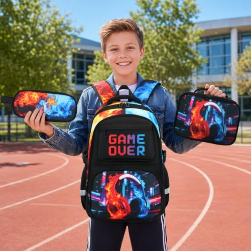 Scothen 3PCS Boys Backpack Set, Cool Backpack for Boys with Lunch Bag & Pencil Case, Kids School Bag Teen Boy Bookbag for Kindergarten Elementary Middle School with USB Charging Port - color: Red & Blue Headphones