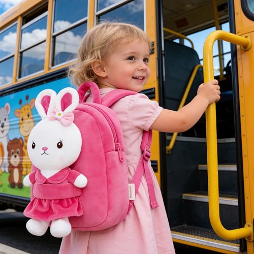 Gloveleya Kids Backpack Girl Backpack Toddler Girl Backpacks with Stuffed Bunny Toy Rose Red 9'' - color: A01bunny Rose Red, size: 9 inches