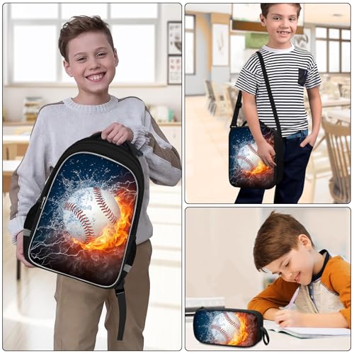 School Backpack for Boys - 4pcs Baseball Boys Backpack with Lunch Box and Pencil Case for Kids Children Teens Elementary Middle School - Students Bag for Ages 6-18,17″Bookbag Travel Back Pack - color: Baseball-03-backpack Set