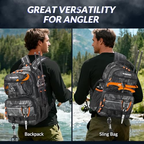 THKFISH Fishing Backpack with Tackle Boxes, 20L Waterproof Tackle Sling Bag with Lures Kit, Fish Lip Gripper, Pliers, Scissors, Fishing Gifts for Men Women - color: Black Camo Fishing Backpack with Tackle Boxes