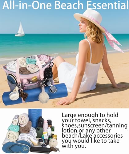 Mesh Beach Bag with Cooler Large Travel Family Vacation Essentials Pool Swimming Zipper Pocket Durable 9 Pockets - color: Pink