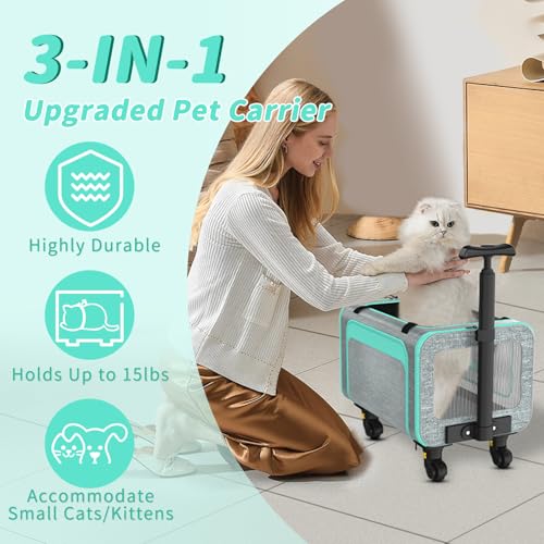 Rolling Pet Carrier with Detachable Wheels - 18x11x11 TSA Airline Approved for Southwest Delta United American, Soft Sided Expandable Travel Bag for Small Dogs & Cats up to 15Lbs, Fits Under Seat - color: Green