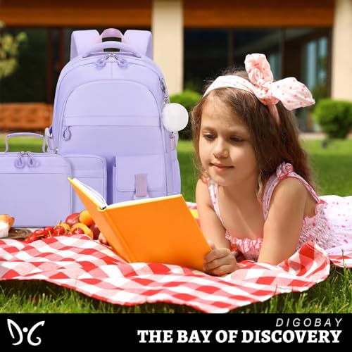 DIGOBAY 3PCS Girls Backpack for School, Kids Backpack for Girls with Lunch Bag Pencil Case, Kids Bookbag Teen Girl Backpacks for Elementary Middle High College School (Purple) - color: Purple