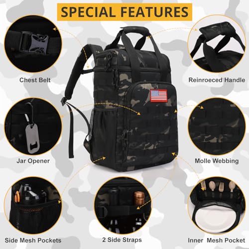 Tactical Backpack Cooler,Lunch Backpack for Men Adults Work with Handle,Soft Cooler Backpack Insulated Waterproof Leak Proof - color: Black Camo