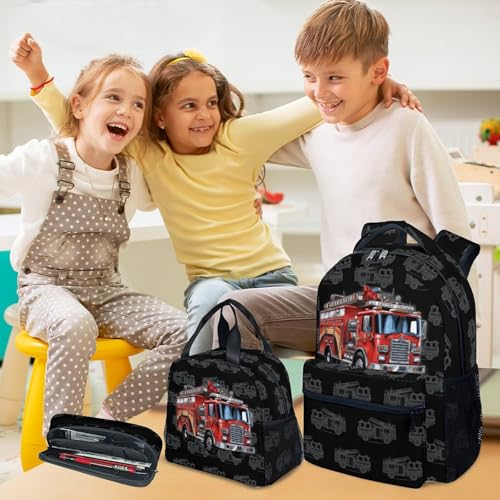 Kids Backpack Set for Boys, 17 Inch Backpacks with Lunch Box for Kids, 3 in 1 Cute Fire Truck Bookbag for School Travel - color: Style-4
