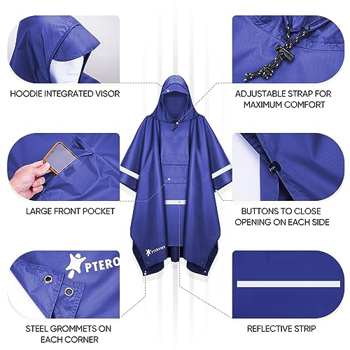 PTEROMY 3-in-1 Hooded Rain Poncho for Adult with Pocket, Waterproof Lightweight Unisex Raincoat for Hiking Camping Emergency - color: Blue W/ Reflective Stripe