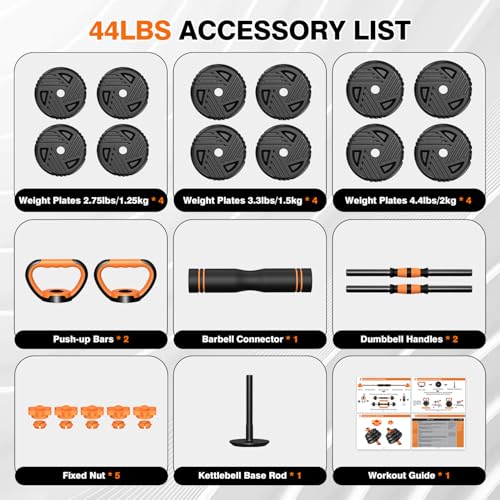 Adjustable Dumbbell Set, 33/44/66/88lbs Free Weights Set with Connector, 5 in 1 Weights Dumbbells Set Used as Barbell, Kettlebells, Push up Stand, Weight Plate, Exercise & Fitness Equipment for Home Gym Workout - color: 44LB (22LB-Pair)