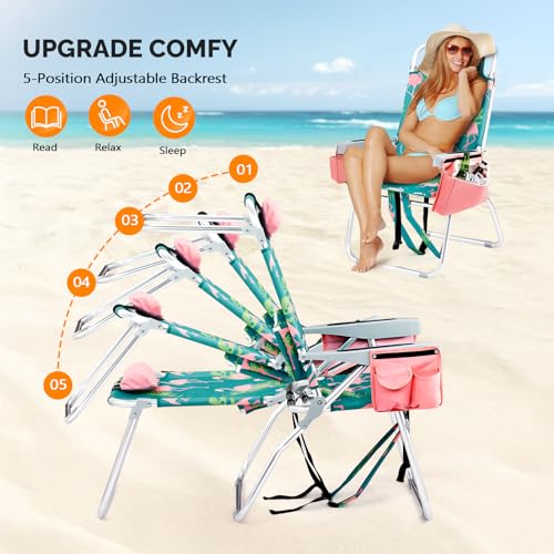 16" Tall Beach Chairs for Adults,2-Pack Lightweight Backpack Chair with 5-Position,Cooler Bag,Cup Holder,Towel Rack,Suitable for Camping Pool Patio Lawn Outdoor Travel - color: Flamingos