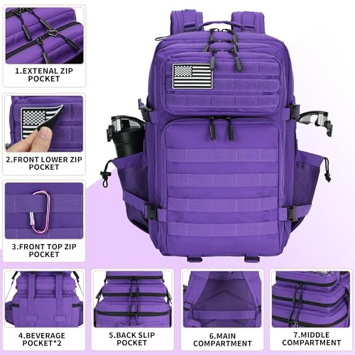 45L Military Tactical Backpack Hiking Backpacks Tactical Gear Camo Back Pack Army Molle Bag Rucksack Fitness Daypack - color: Purple