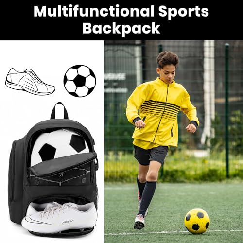 Soccer Backpack with Ball Holder,Youth soccer Bag for Basketball,Volleyball-Includes Separate Shoe Compartment&and Insulation (Black) - color: Black