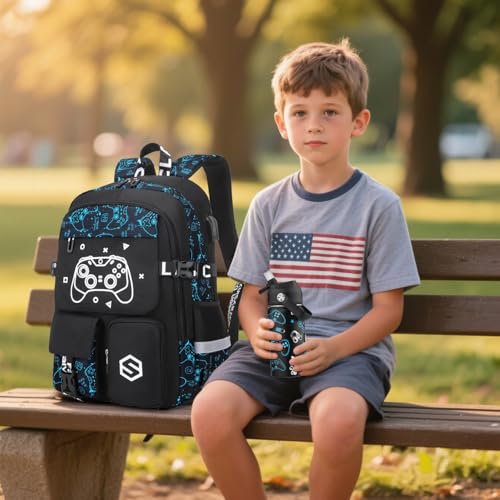 Scothen Boys Backpack, Cool Luminous Gamer School Backpacks for Boys with 14oz Insulated Water Bottle Lunch Bag Pencil Case, Kids Backpack Book Bags for Kindergarten Elementary Middle School - color: Blue Pattern