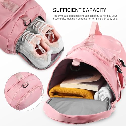 Gym Bag Backpack for Women and Men, Sports Travel Swim Hiking Backpack with Wet Pocket, Pink Multipurpose Daypack for Fitness and Outdoor Recreation