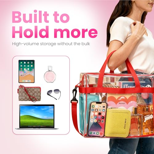 Handy Laundry Clear Bag 12x6x12 Stadium Approved - Transparent Tote Zippered Top & Shoulder Straps for Work, Sports, Concerts - color: Red