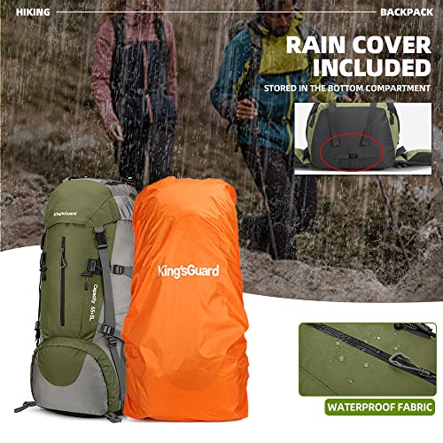 King'sGuard 70L Hiking Backpack with Rain Cover Lightweight Waterproof Travel Camping Backpack Large Backpacking Pack - color: Army Green