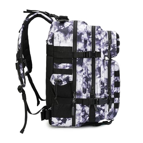 Military Tactical Backpack 45L Men Women Bug Out Bag Molle Large Hiking Bag - color: 2.0 Side Pockets (Black and White Tie Dye)