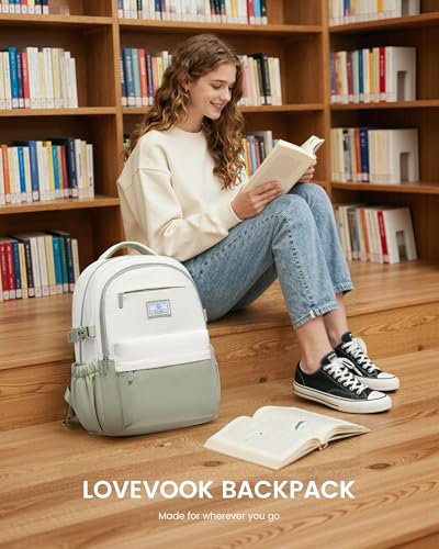 LOVEVOOK Laptop Backpack for Women Teens,College School Backpack with Tumbler Holder,15.6" Computer Bag,14 Pockets,Waterproof - color: Off-white/Bean, size: 17.3inch