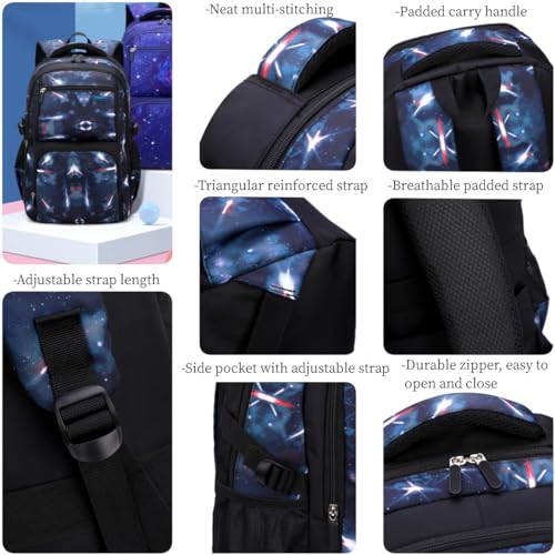MITOWERMI Boys Backpacks for Primary Junior School Kids Backpack with Lunch Box Galaxy Space Bookbags for Boys Girls - color: #01 Dark Blue Galaxy, style: 3 Pcs Set Backpack