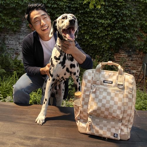 Cleverpup Porter 2-in-1 Dog Gear Backpack – Premium Dog Travel Bag with 10 Pockets, Zip-Off Treat Pouch, Leash Clip, Waterproof Pockets & Water Bottle Holder – Weekend, Hiking, Camping, Checkerboard - color: Tan Checkerboard