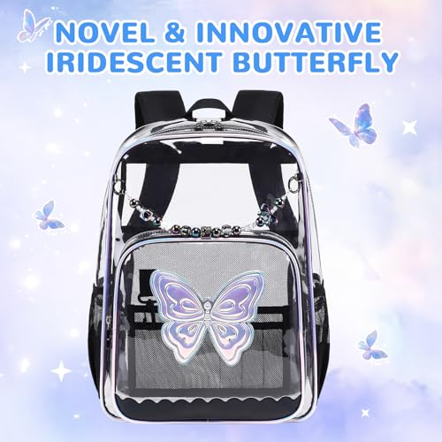 MUSEVOS Clear Backpack, Heavy Duty Clear Bookbag for School PVC Transparent Backpack for Kids Girls Women, Black Butterfly - color: Black