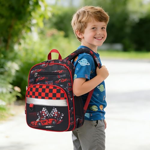 3PCS Boys Backpack Ages 5-8 with Lunch Bag & Pencil Case, Toddler School Backpack for Kids Boys - 15inch Backpack Boy Bookbag for Preschool Kindergarten Elementary School - color: Racing Cars