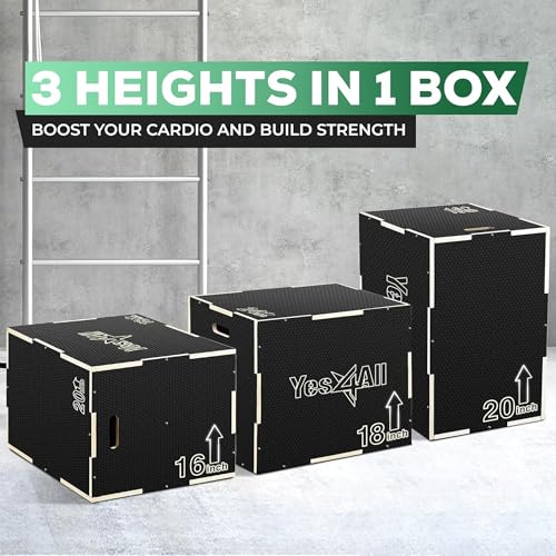 Yes4All 3 in 1 Non-Slip Wooden Plyo Box, Step Up Box for Workout, Plyometric Jump Box for Skipping, Jumping, Lunges, Squats, Dips - style: 20" x 18" x 16"