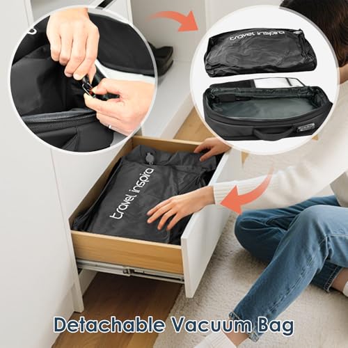 travel inspira Vacuum Compression Backpack 65L, Carry On Backpack with Electric Pump, TSA Lock, Water Resistant, Laptop Compartment for Travel, Camping, Business, Weekend Trips - color: Black Carry on