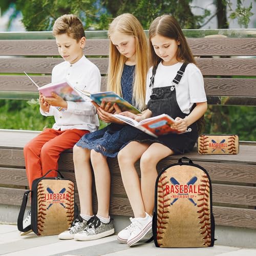 Baseball Backpack Set for School,17 Inch Casual Back to School Bags with Lunch Box, Kids Daypack Bags and Pencil Case Set for Teens Boys Men Students - color: Old-fashion Baseball