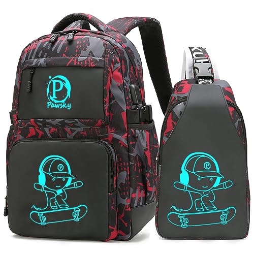 Skateboard Anime Luminous Backpack School Backpack with USB Charging Port for Teen Boys, College School Bookbag Lightweight Laptop Bag with Sling Bag Set, Red - style: Skateboard-red1