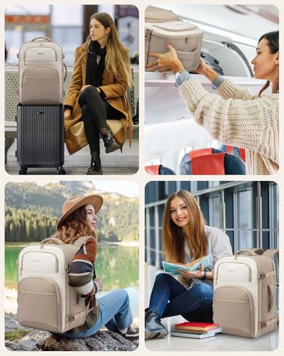 LOVEVOOK Travel Essentials Carry on Backpack 40L Travels Backpack for Women,Waterproof TSA Personal Item Travels Bag Airline Flight Approved,Large Carry on Luggage Laptop Backpack with Packing Cubes - color: Khaki - Beige White - Light Mud, size: Large-40