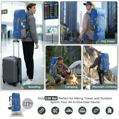 Bseash 65L Waterproof Hiking Camping Backpack with Rain Cover, Outdoor Sport Travel Daypack for Climbing Touring (Blue) - color: Blue
